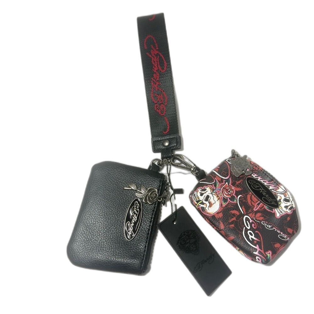 Ed Hardy Black KeyChain Double Pouch Wristlet Mini Bags Skull Rose Print Y2K NWT